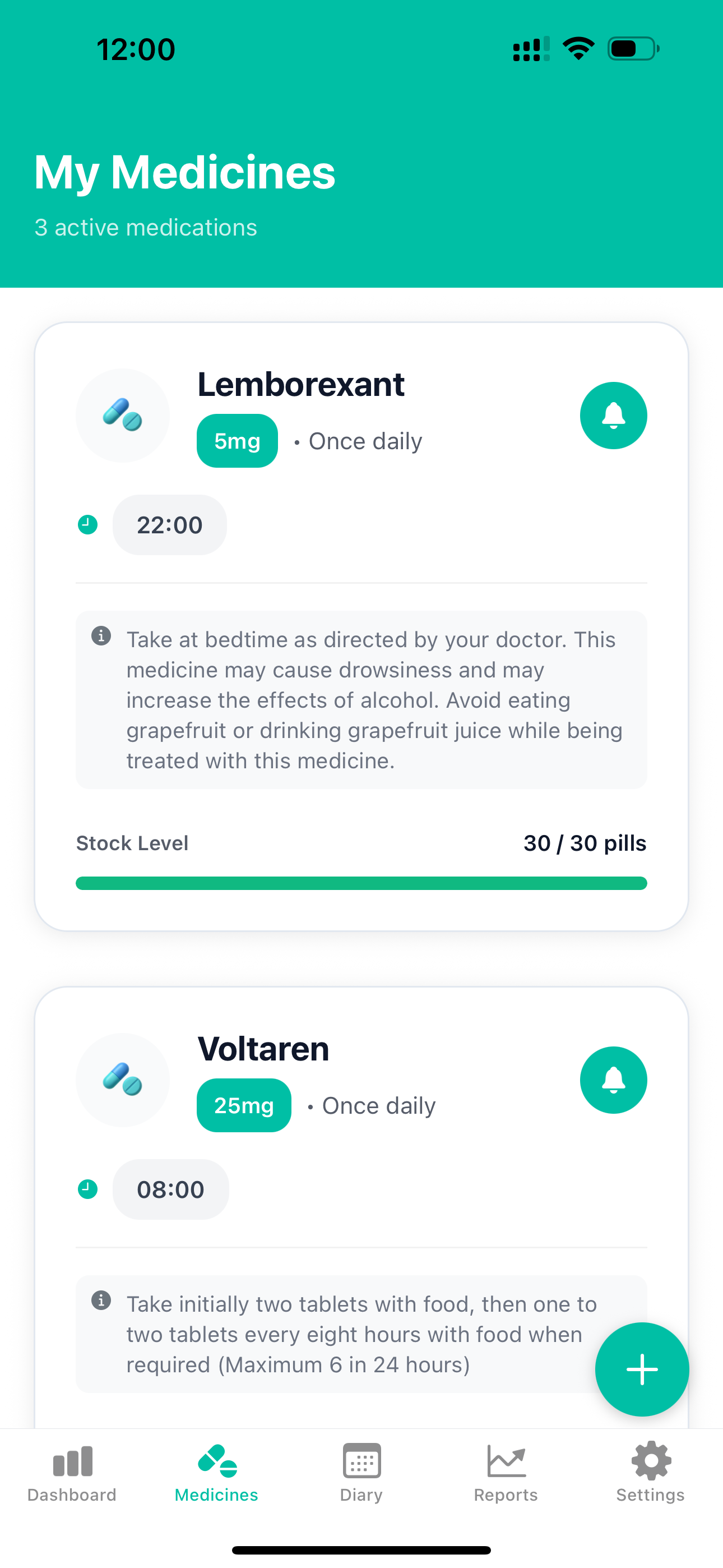 PillWise My Medicines screen displaying medication list and dosage information